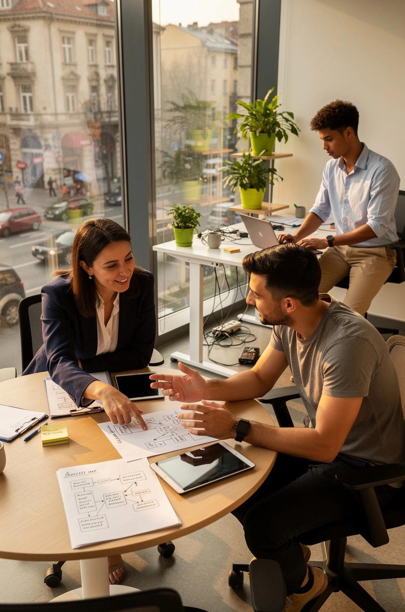 Ilustrație schematică care arată fluxul optimizat al proceselor prin automatizare pentru creșterea eficienței în afaceri.